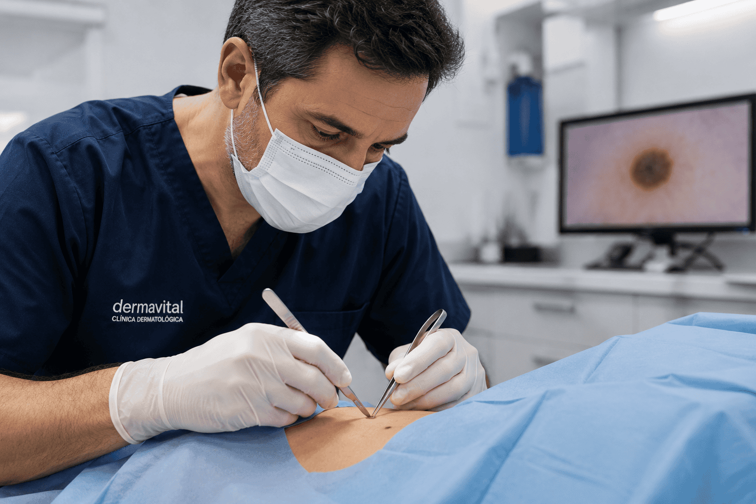 Dermatólogo realizando un procedimiento en consulta dermatológica.
