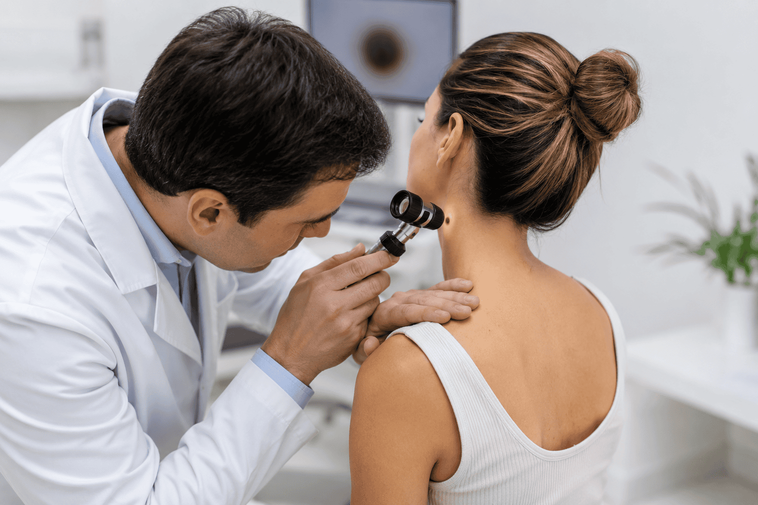 Médico revisando la piel de una paciente en consulta dermatológica.
